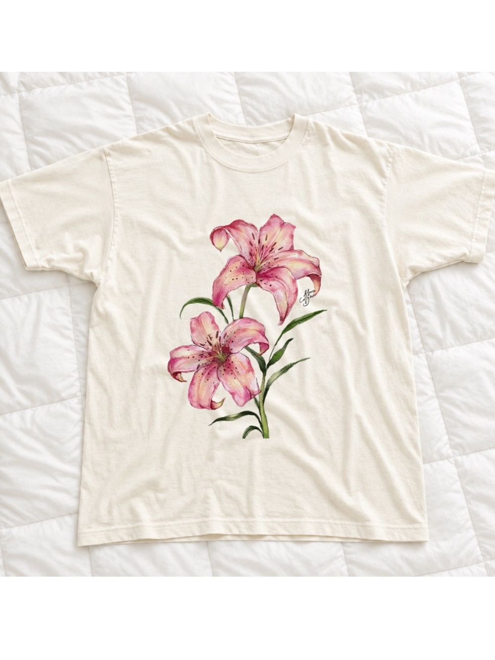 Women's Cream Floral Graphic Tee with Pink Lily Print